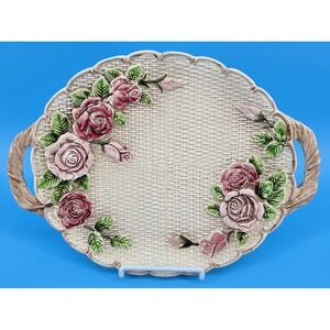 Vtg Takahashi San Francisco Ceramic Serving Tray Rose Basket Weave Beige Pink 12